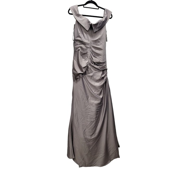 La Femme Off The Shoulder Ruched Satin Trumpet Gown - Picture 8 of 12